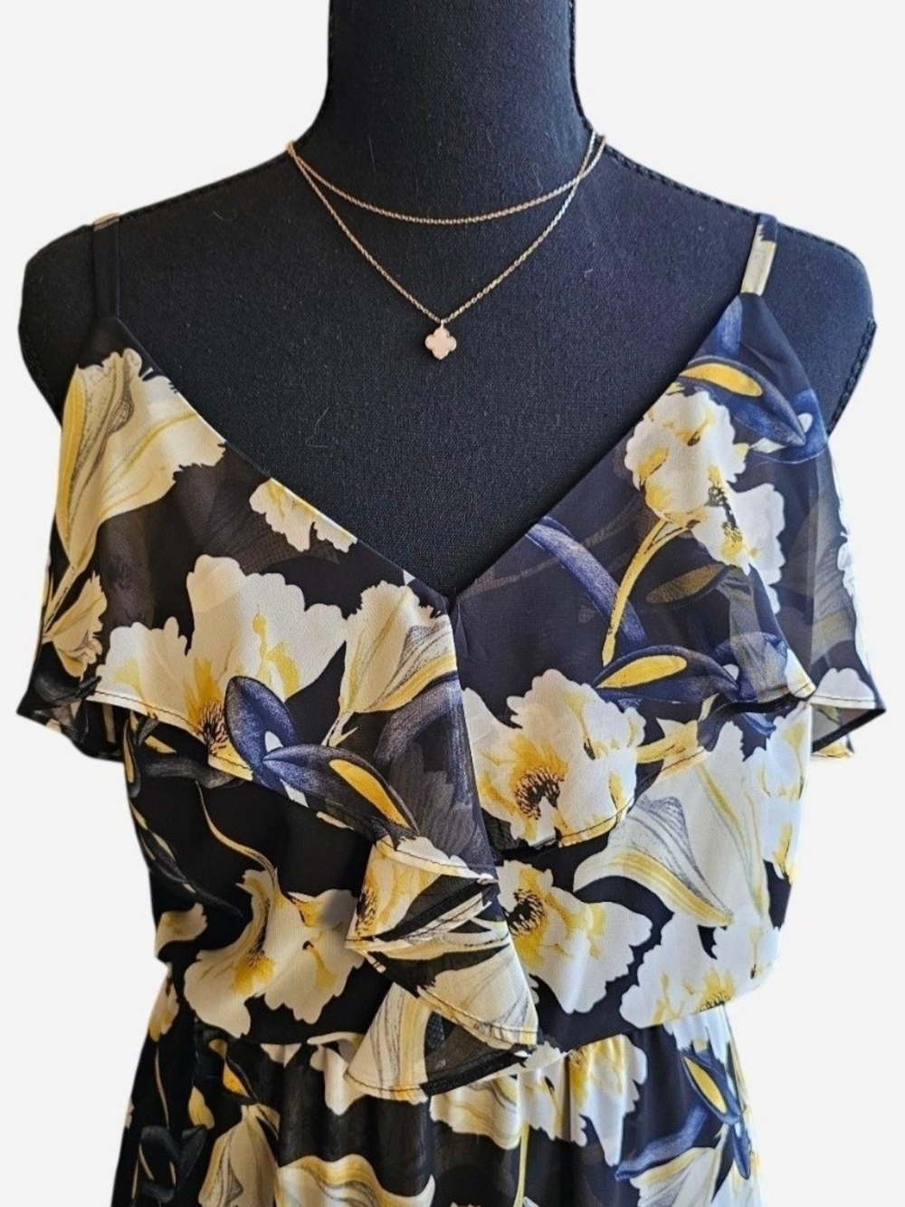 Varsity Black Floral Ruffle Midi Dress with Yellow Accents